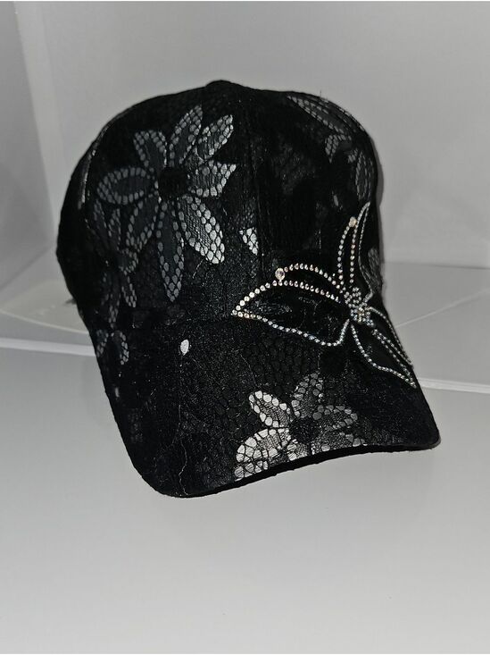 Mks Accessories - Black Lace Baseball Cap with Rhinestone Butterfly Accent